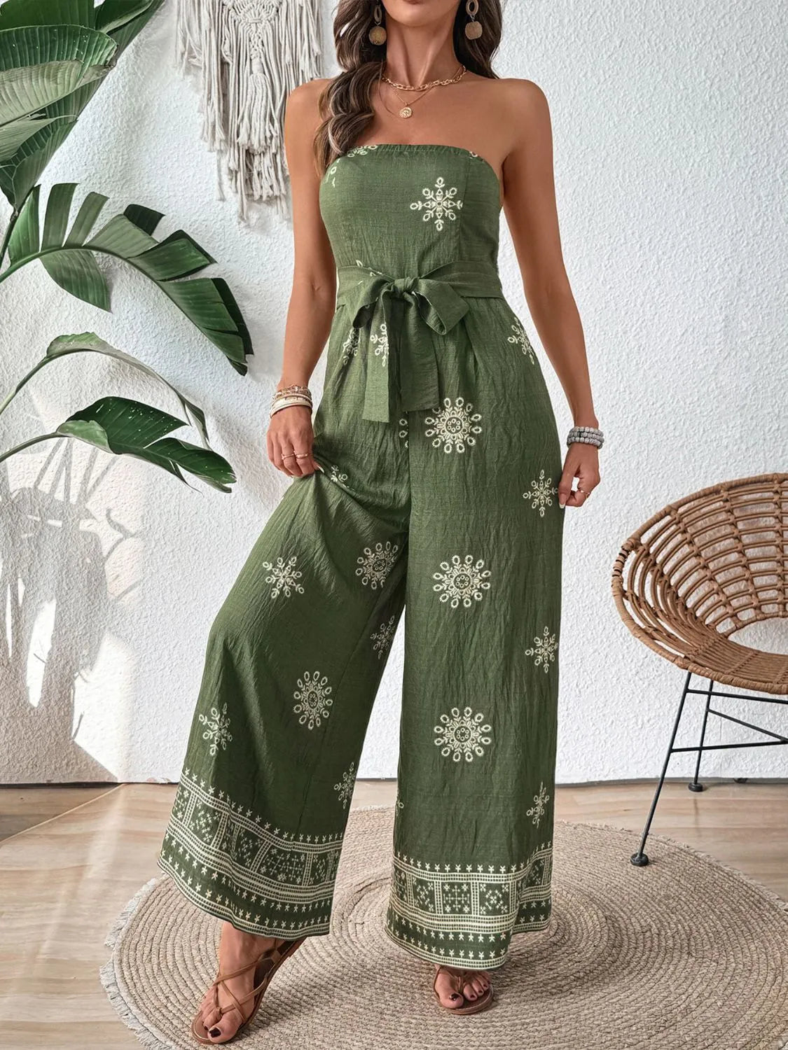 Printed Wide Leg Tube Jumpsuit with Pockets and Tie.