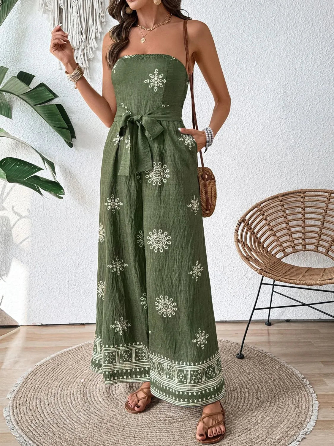 Textured Button Front Wide Leg Cap Sleeve Jumpsuit.