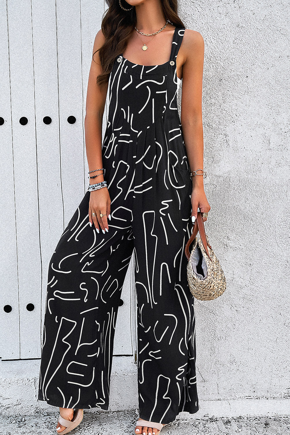 Printed Wide Strap Jumpsuit with Pockets.