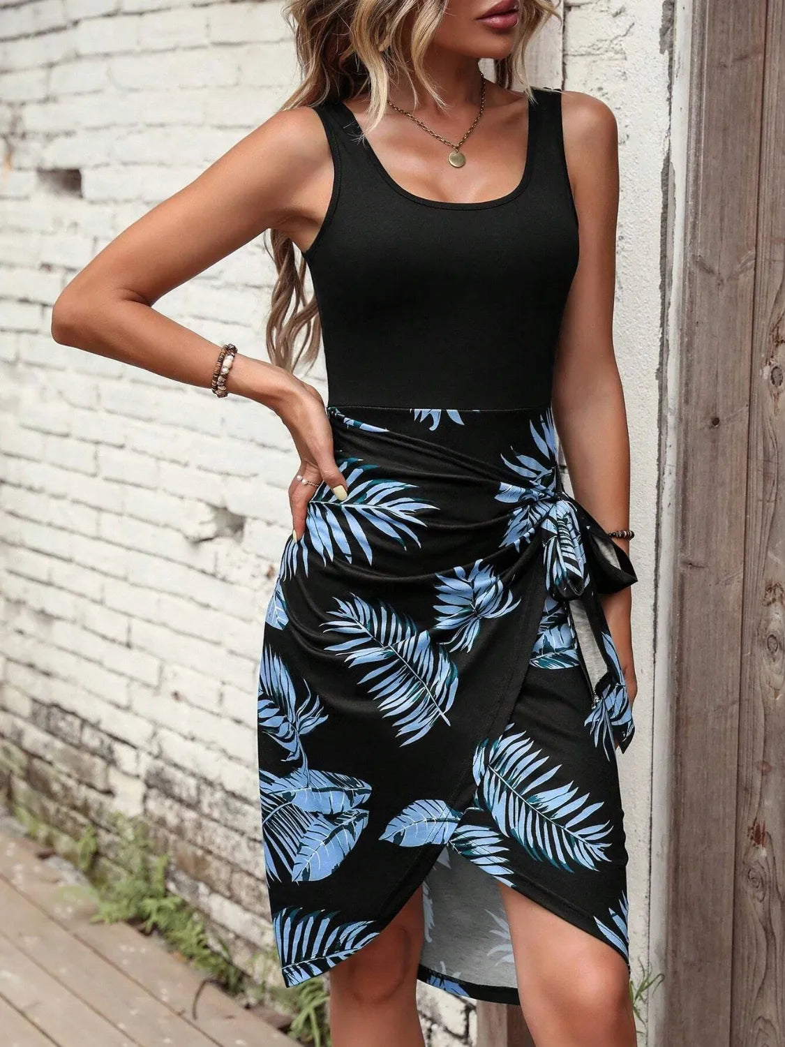 Printed Wide Strap Tank Dress.