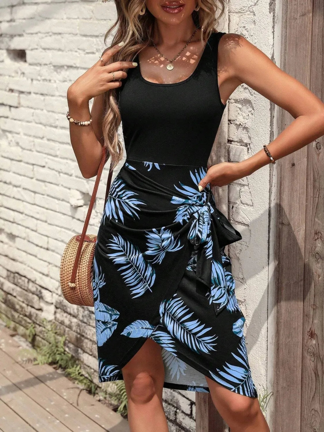 Printed Wide Strap Tank Dress.