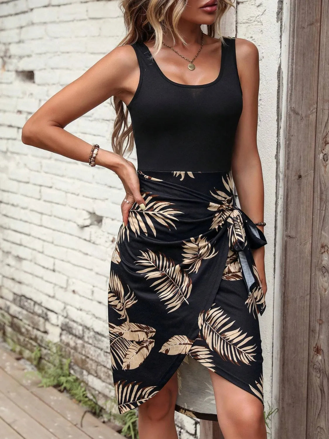 Printed Wide Strap Tank Dress.