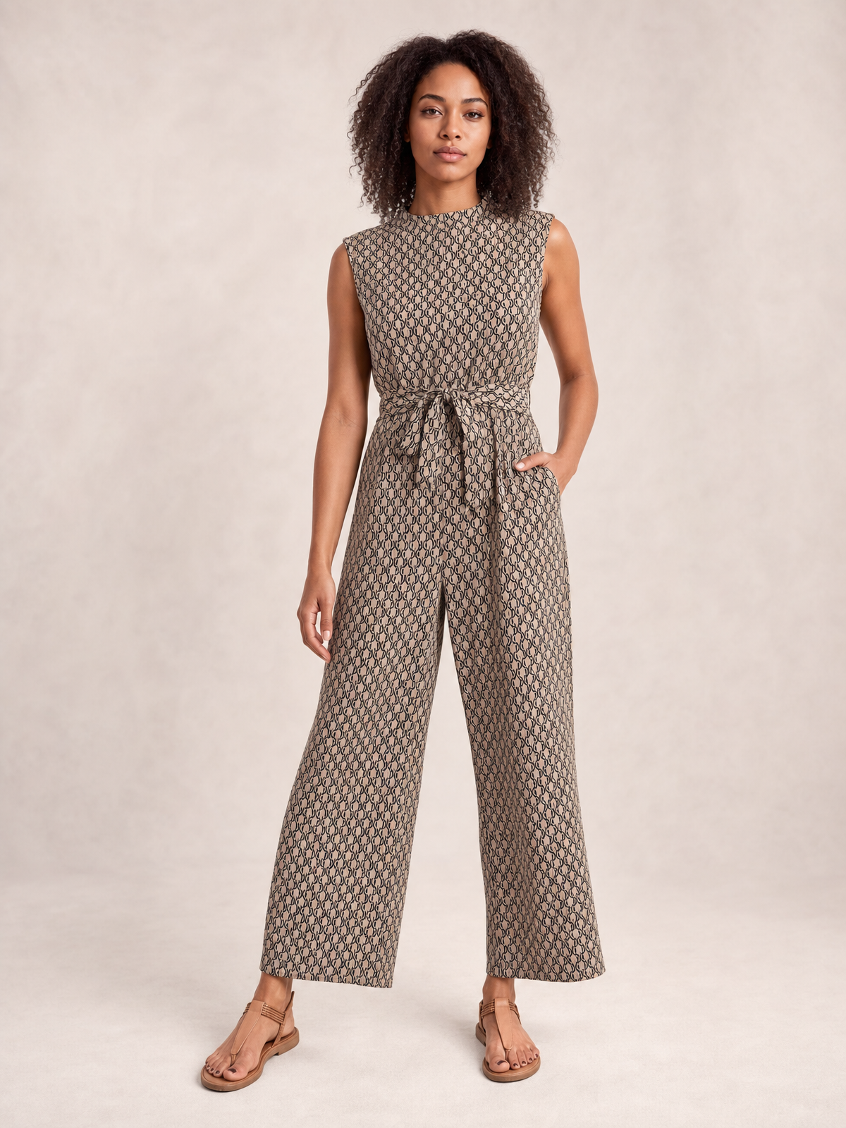 Printed Mock Neck Sleeveless Jumpsuit
