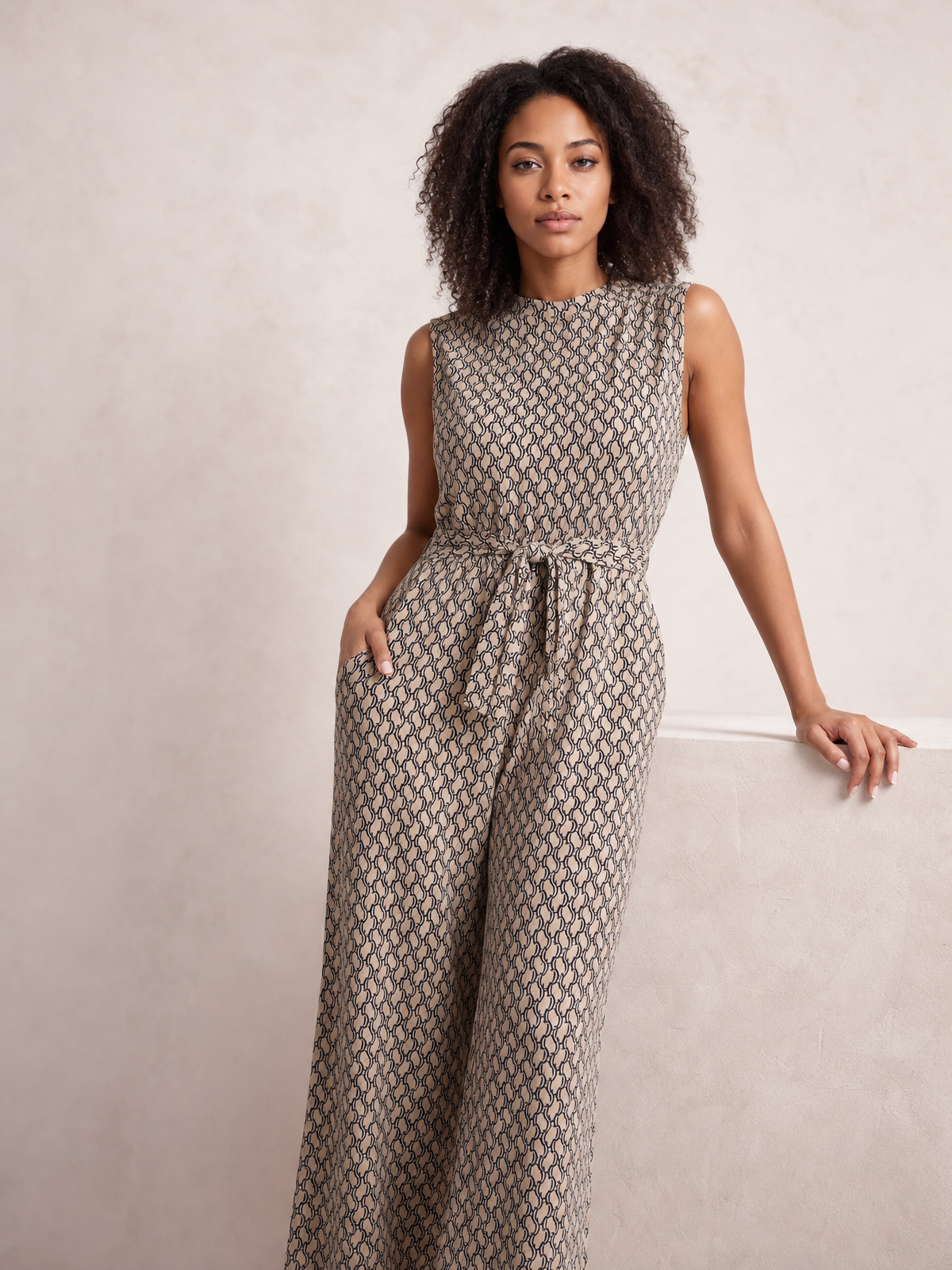 Printed Mock Neck Sleeveless Jumpsuit