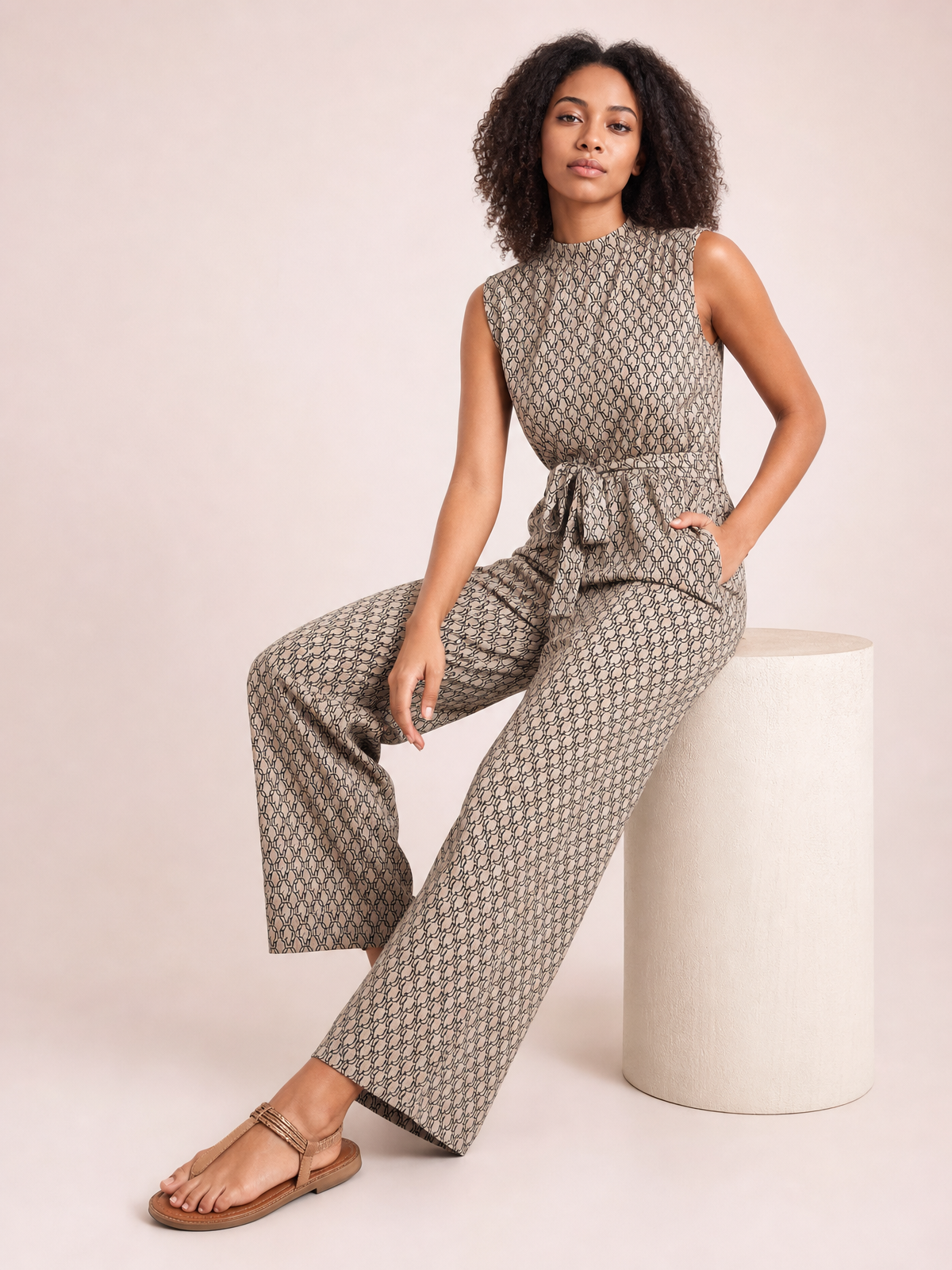 Printed Mock Neck Sleeveless Jumpsuit