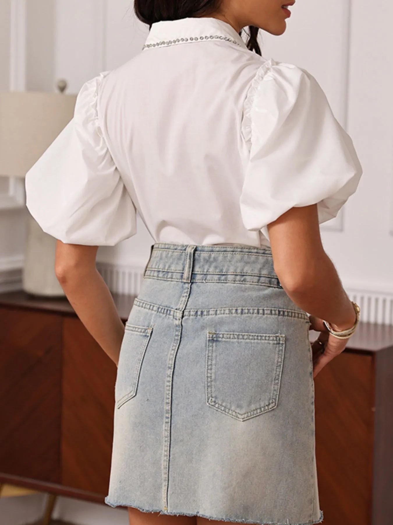 Puff Sleeve Button-Up Shirt with Rhinestone Detail.