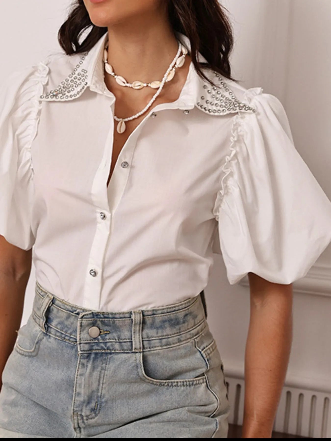 Puff Sleeve Button-Up Shirt with Rhinestone Detail.