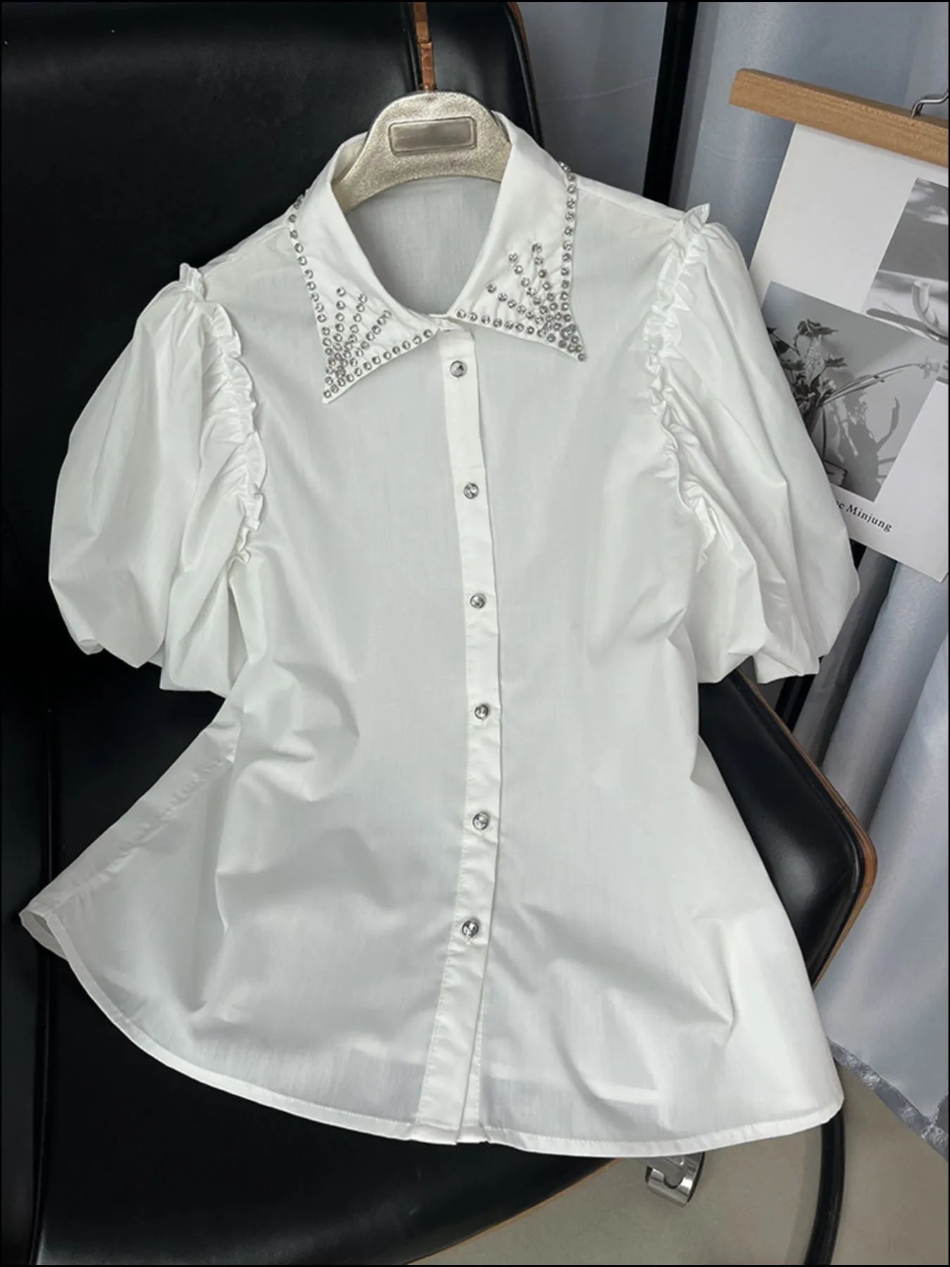 Puff Sleeve Button-Up Shirt with Rhinestone Detail.