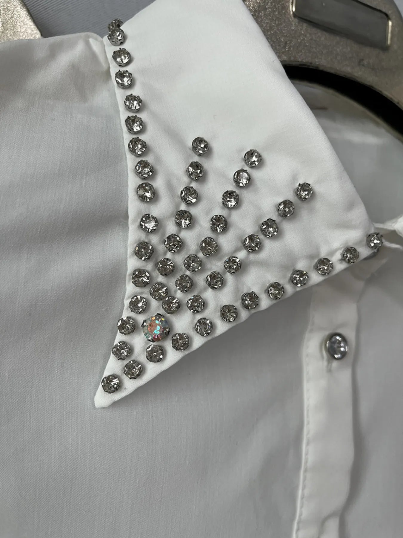 Puff Sleeve Button-Up Shirt with Rhinestone Detail.