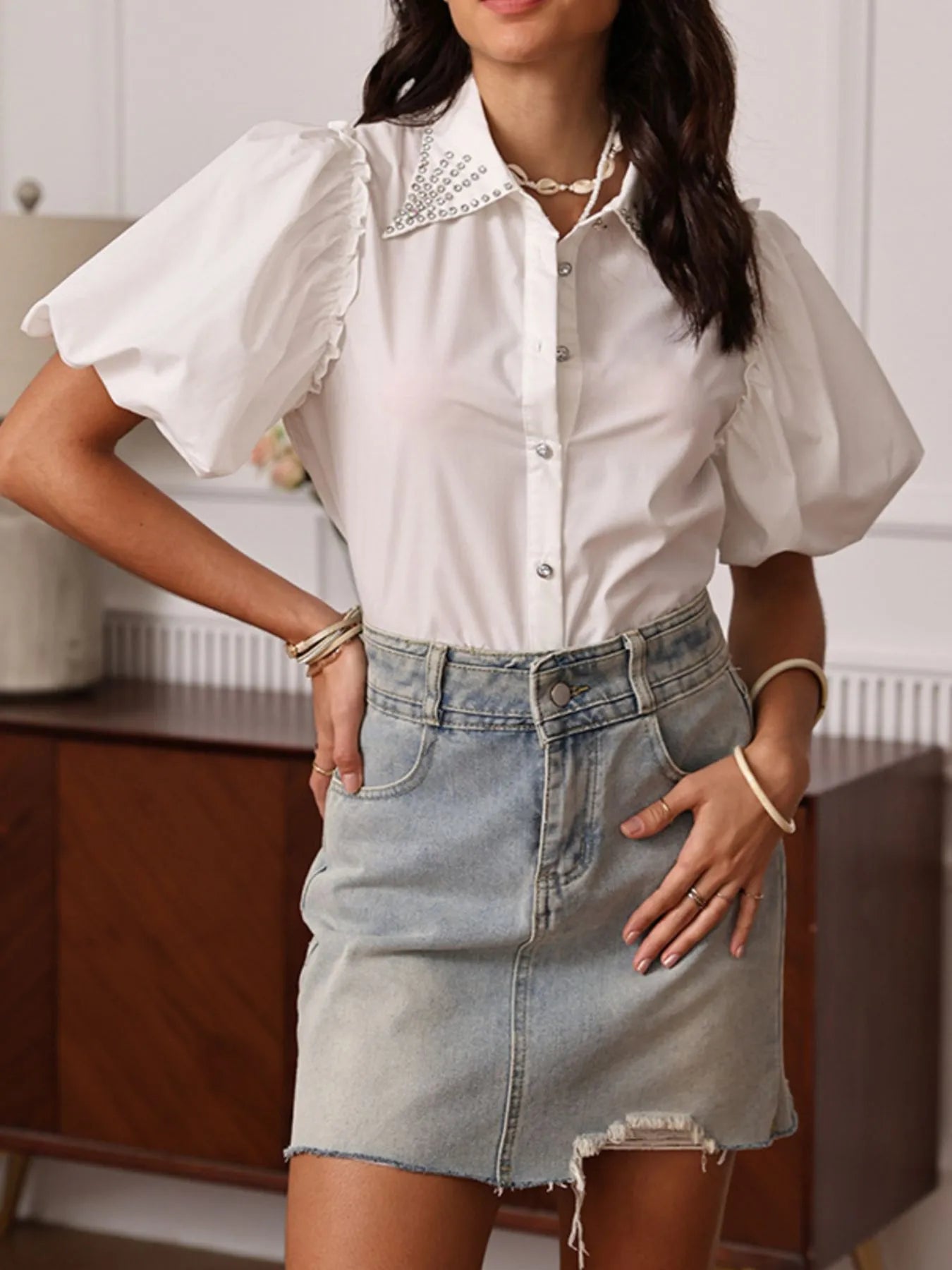 Puff Sleeve Button-Up Shirt with Rhinestone Detail.