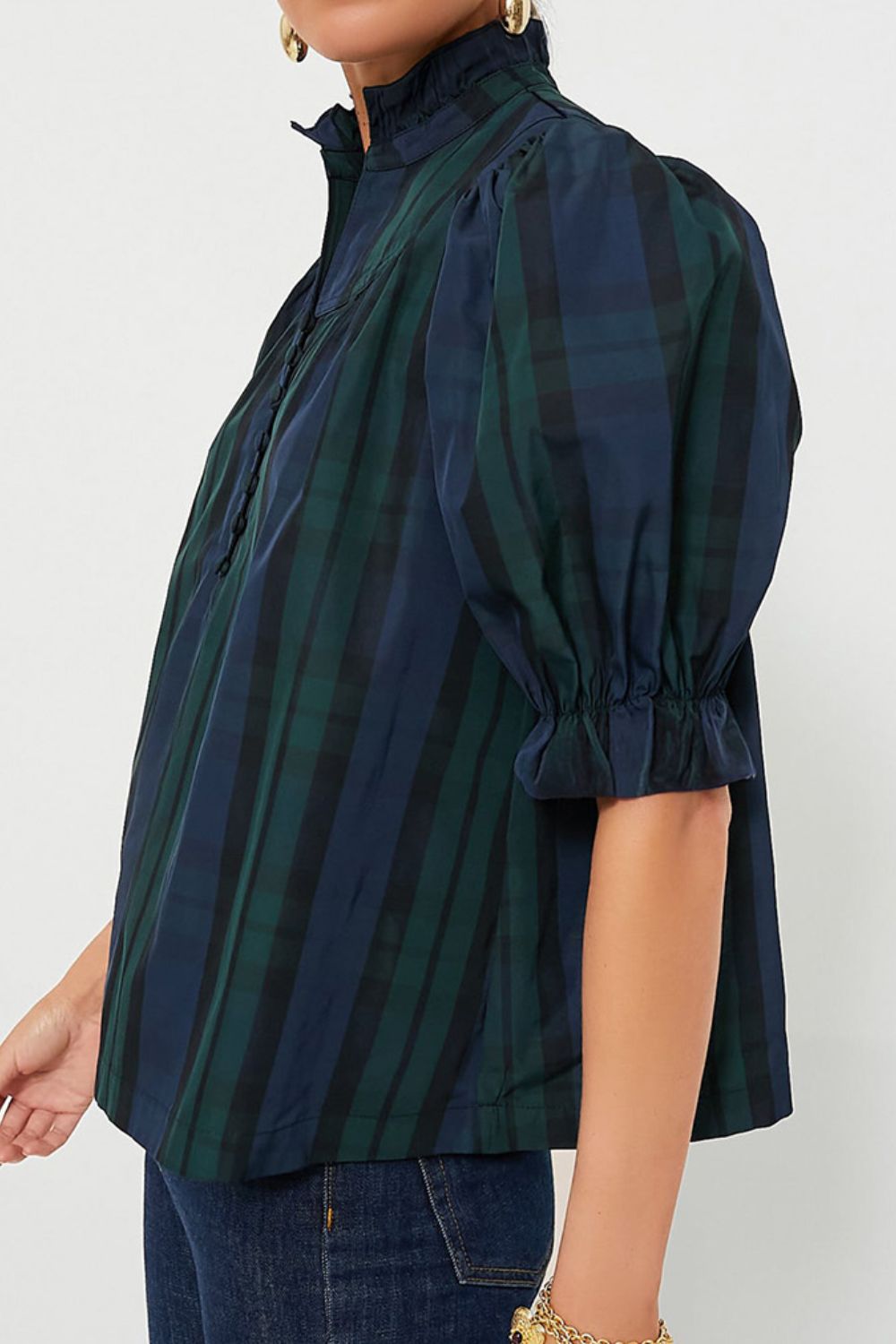 Puff Sleeve Frilled Trim Elegant Blouse with Buttoned.