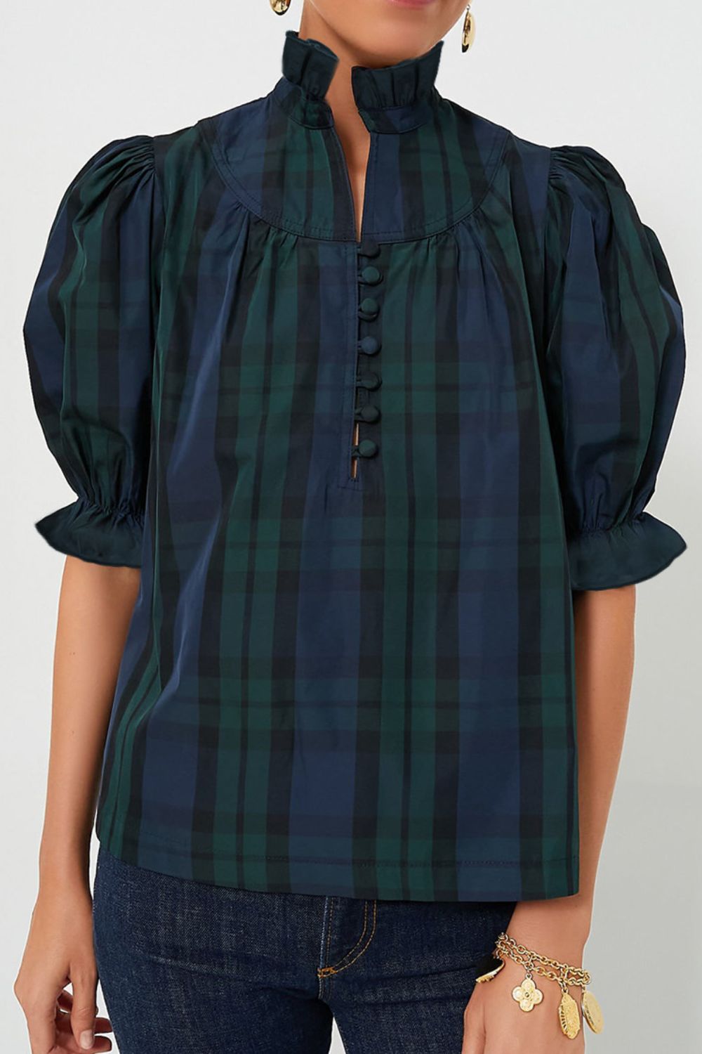 Puff Sleeve Frilled Trim Elegant Blouse with Buttoned.