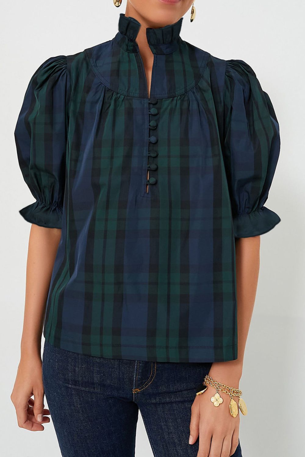Puff Sleeve Frilled Trim Elegant Blouse with Buttoned.