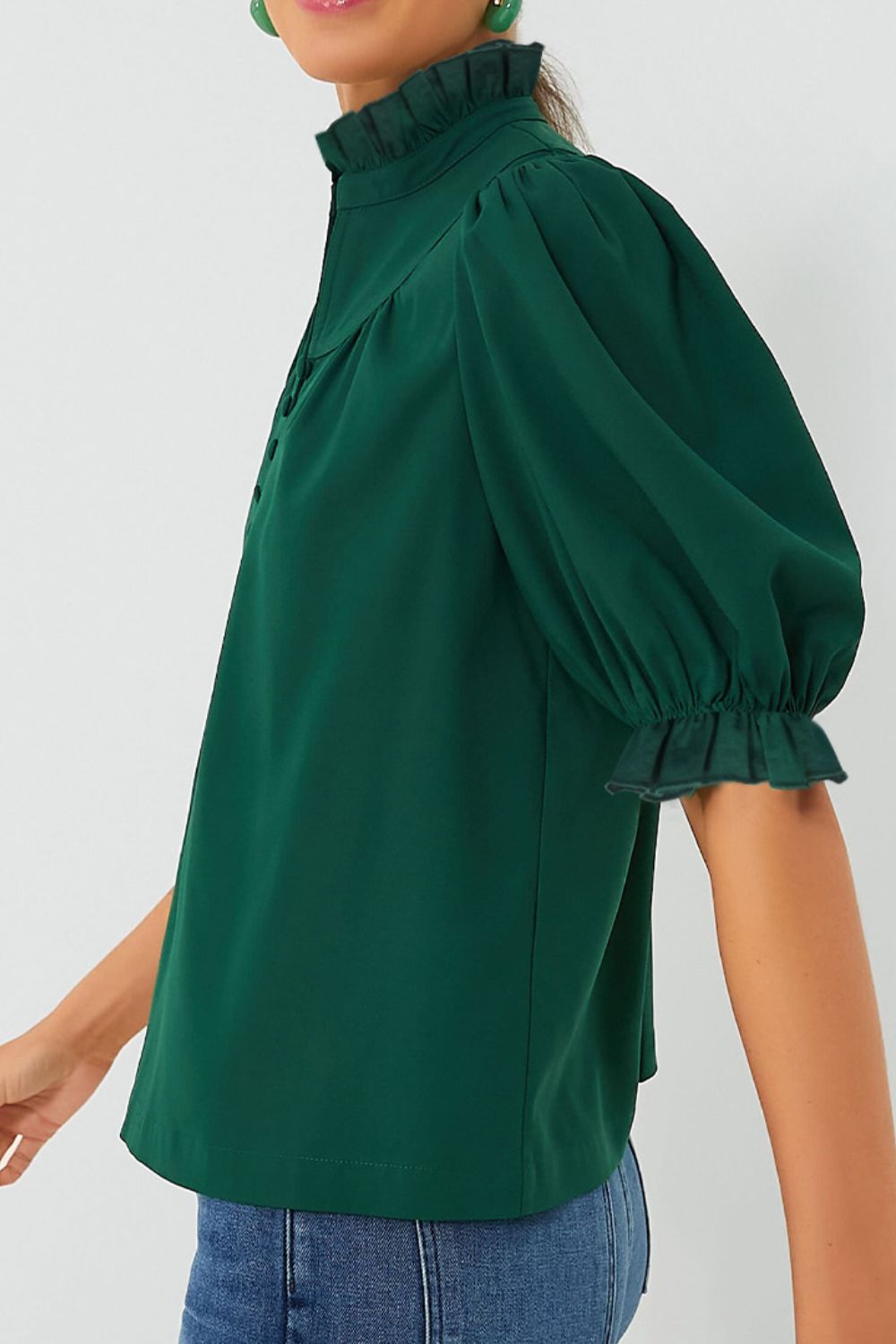 Puff Sleeve Frilled Trim Elegant Blouse with Buttoned.