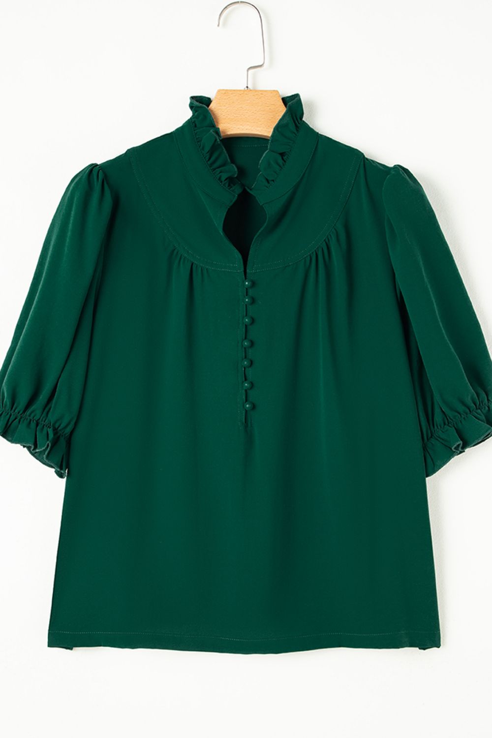Puff Sleeve Frilled Trim Elegant Blouse with Buttoned.