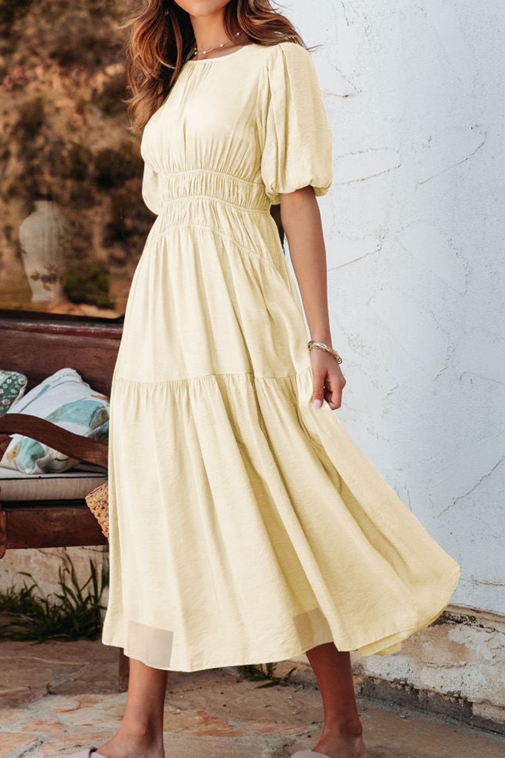 Puff Sleeve Pleated High Waist Flowy Midi Dress.