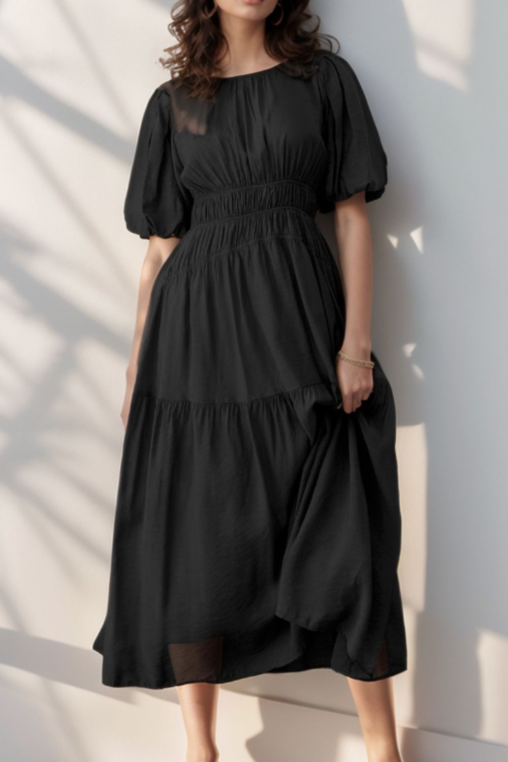 Puff Sleeve Pleated High Waist Flowy Midi Dress.