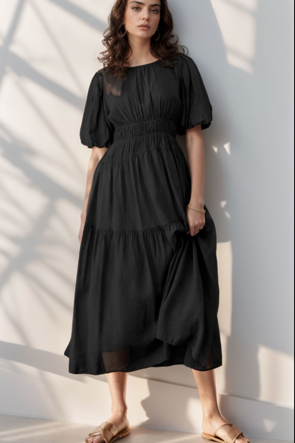 Puff Sleeve Pleated High Waist Flowy Midi Dress.