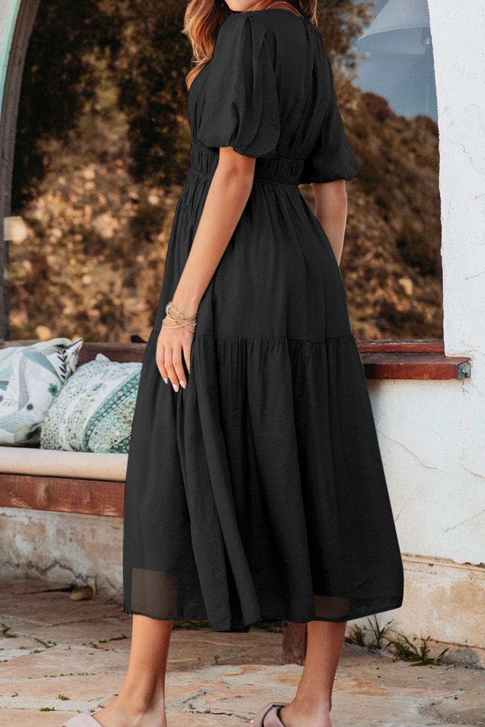 Puff Sleeve Pleated High Waist Flowy Midi Dress.
