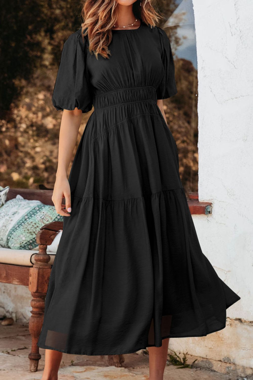Puff Sleeve Pleated High Waist Flowy Midi Dress.
