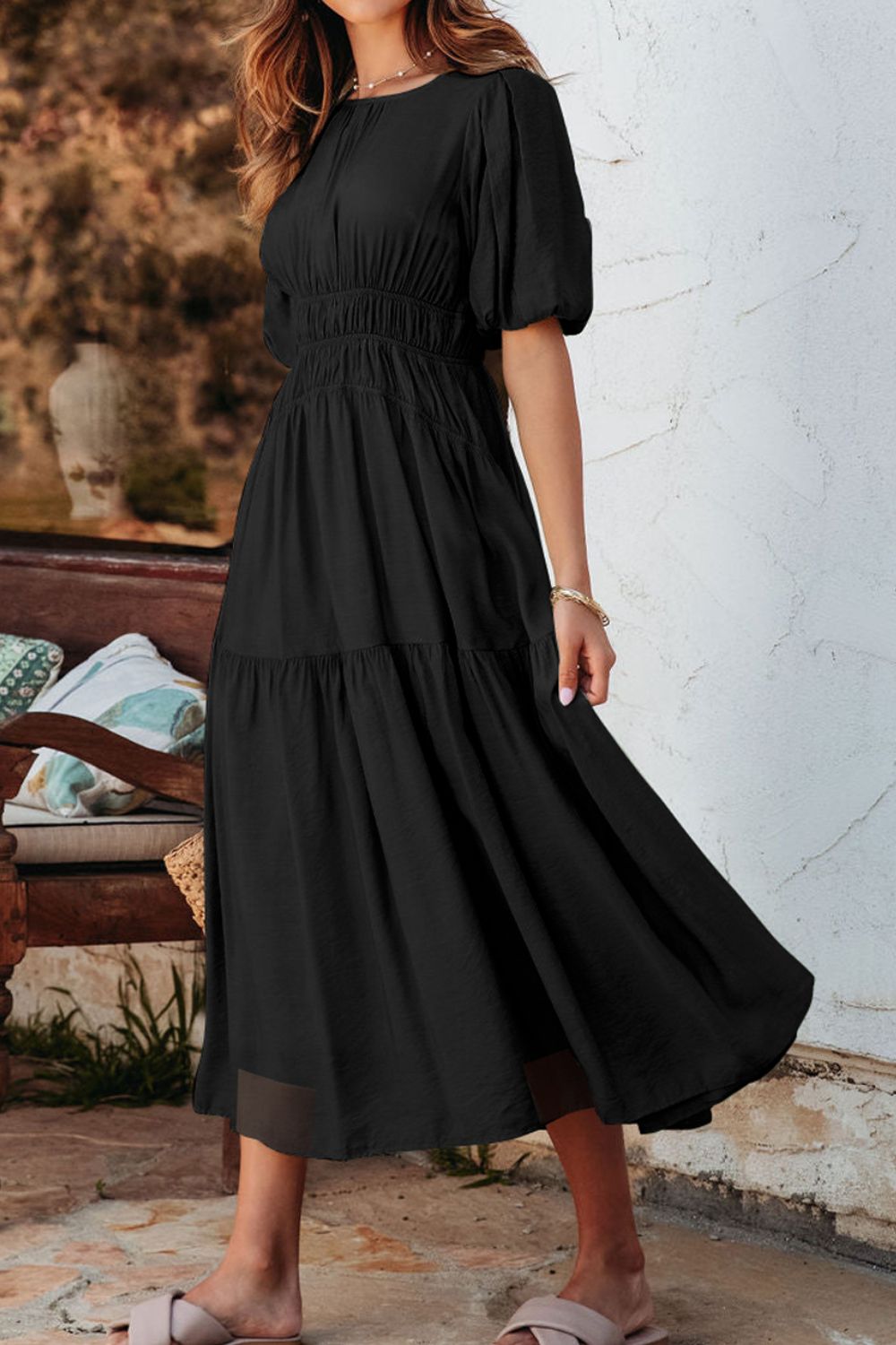 Puff Sleeve Pleated High Waist Flowy Midi Dress.