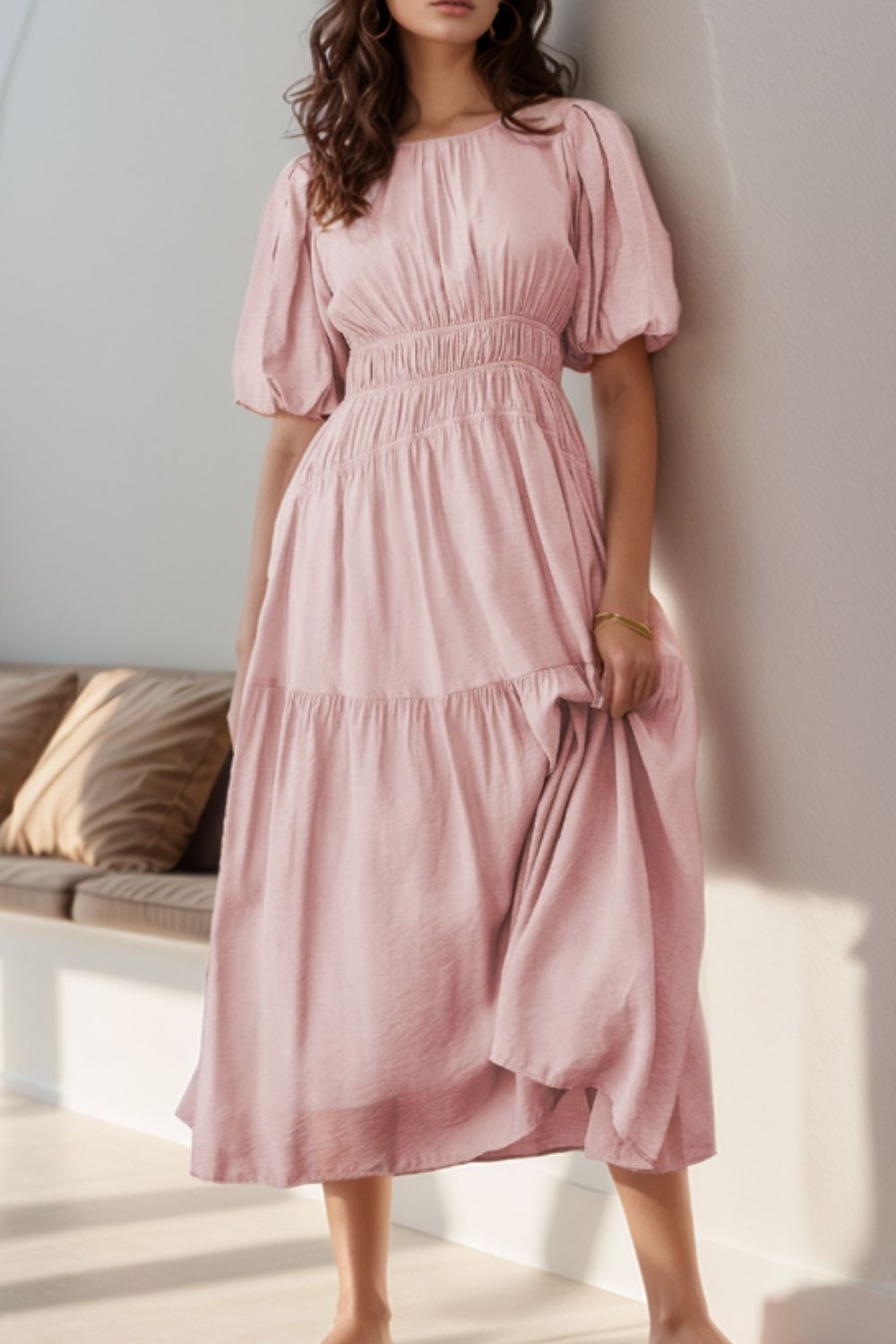 Puff Sleeve Pleated High Waist Flowy Midi Dress.
