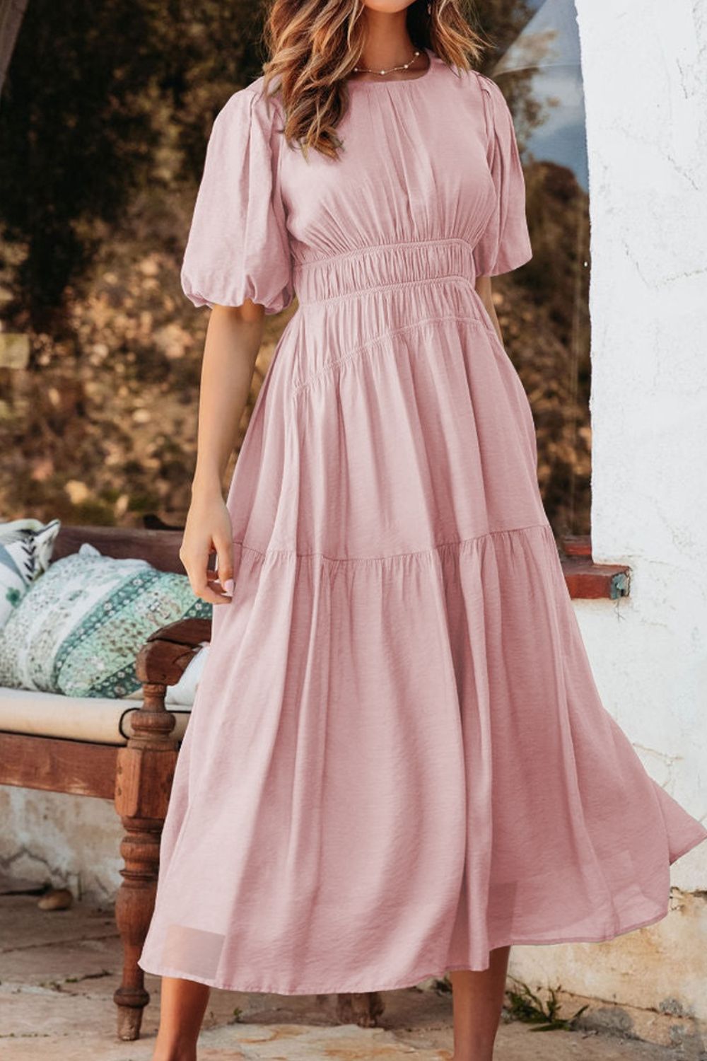 Puff Sleeve Pleated High Waist Flowy Midi Dress.