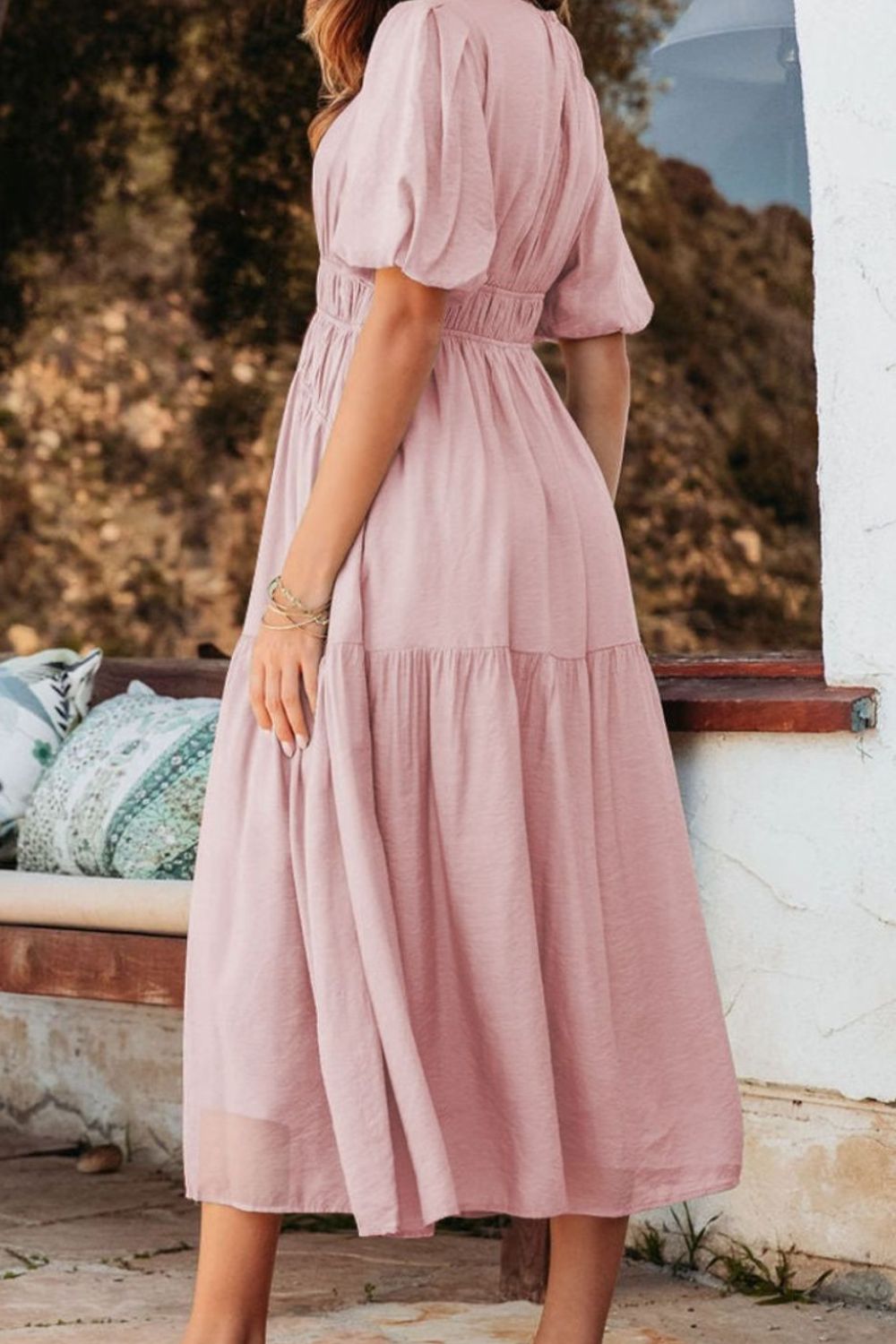 Puff Sleeve Pleated High Waist Flowy Midi Dress.