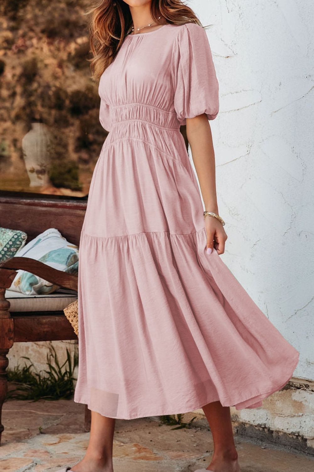 Puff Sleeve Pleated High Waist Flowy Midi Dress.