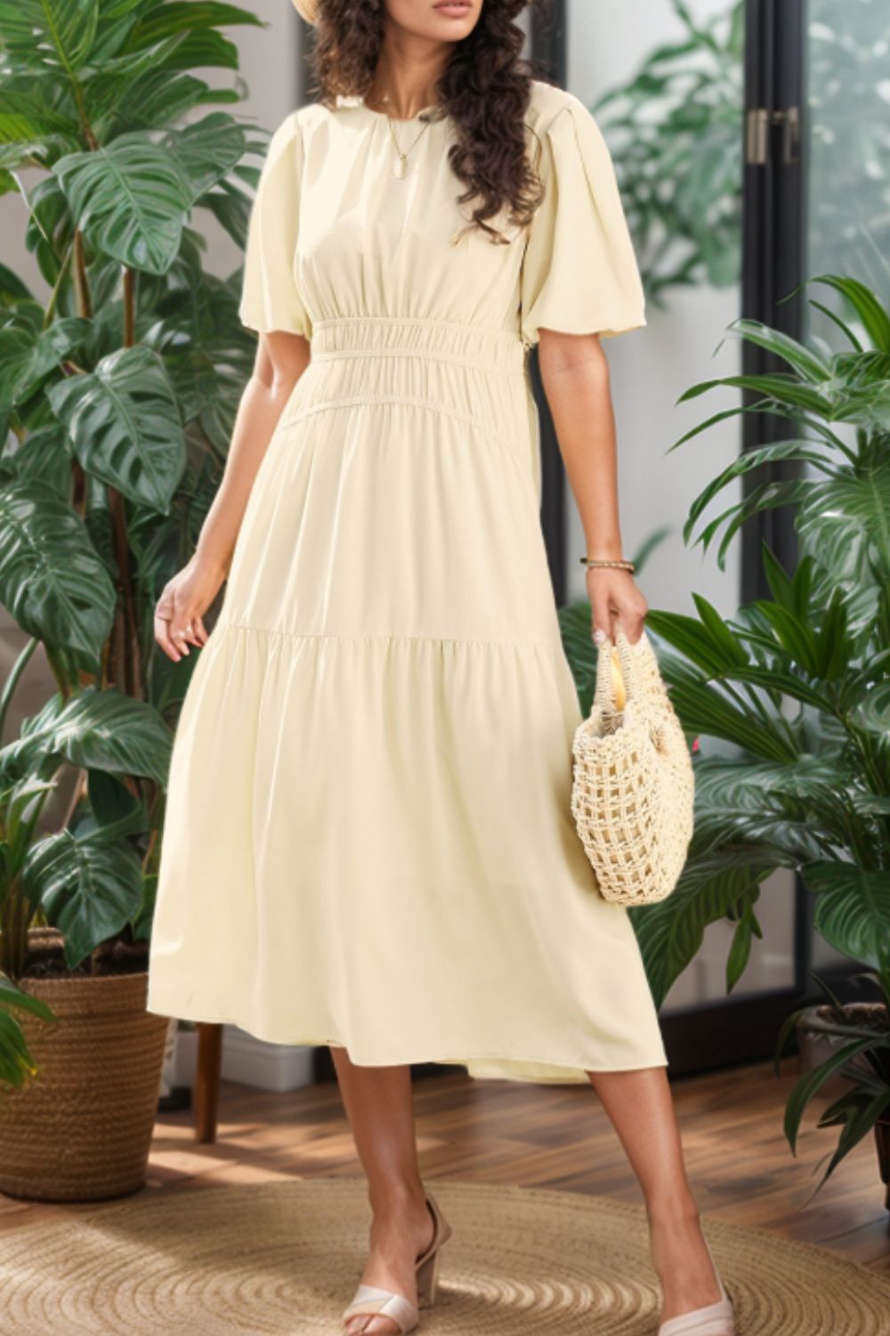 Puff Sleeve Pleated High Waist Flowy Midi Dress.