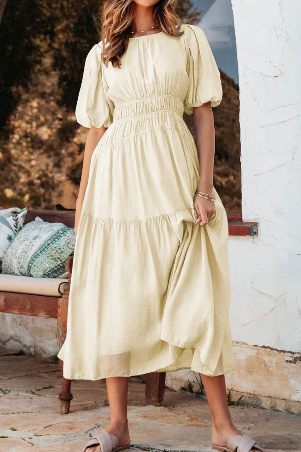Puff Sleeve Pleated High Waist Flowy Midi Dress.