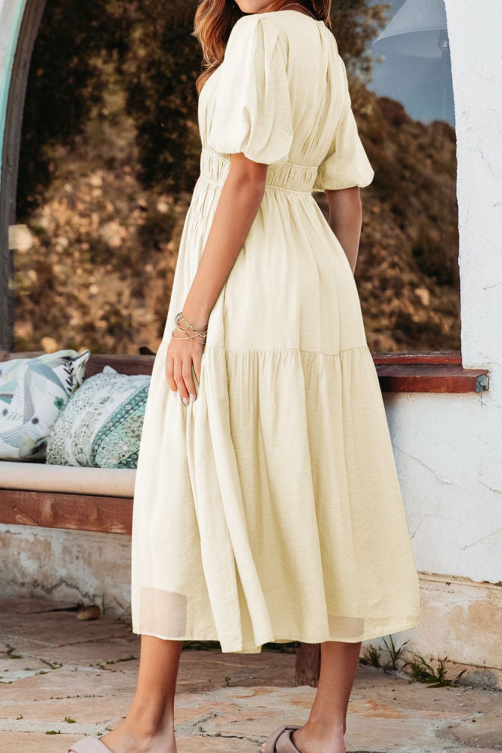 Puff Sleeve Pleated High Waist Flowy Midi Dress.