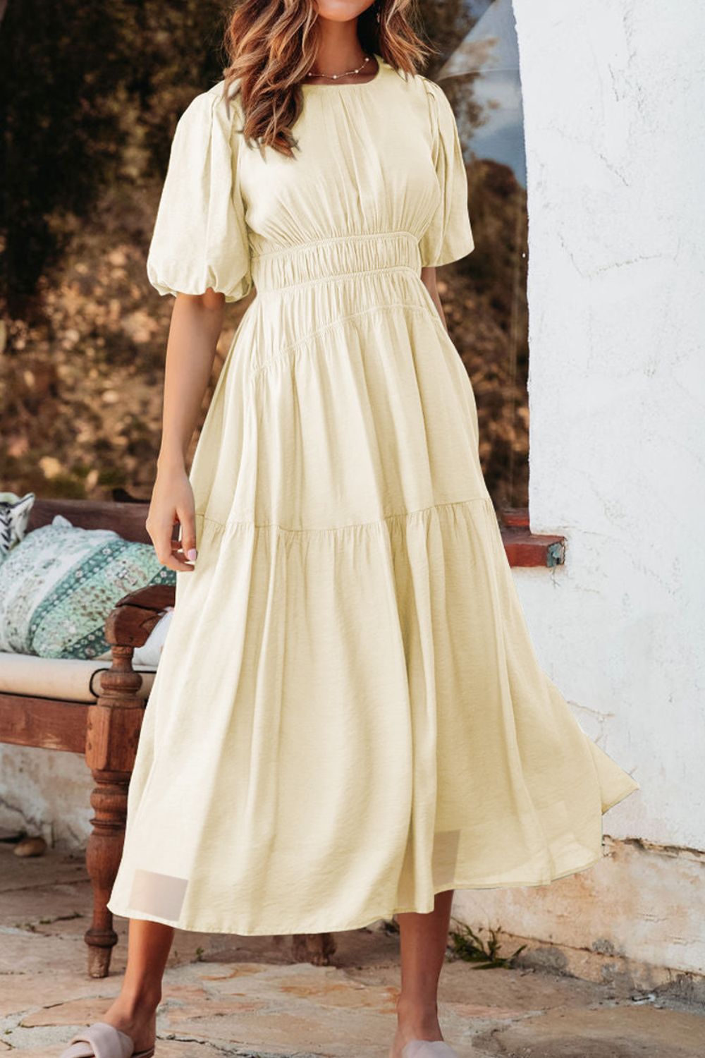 Puff Sleeve Pleated High Waist Flowy Midi Dress.
