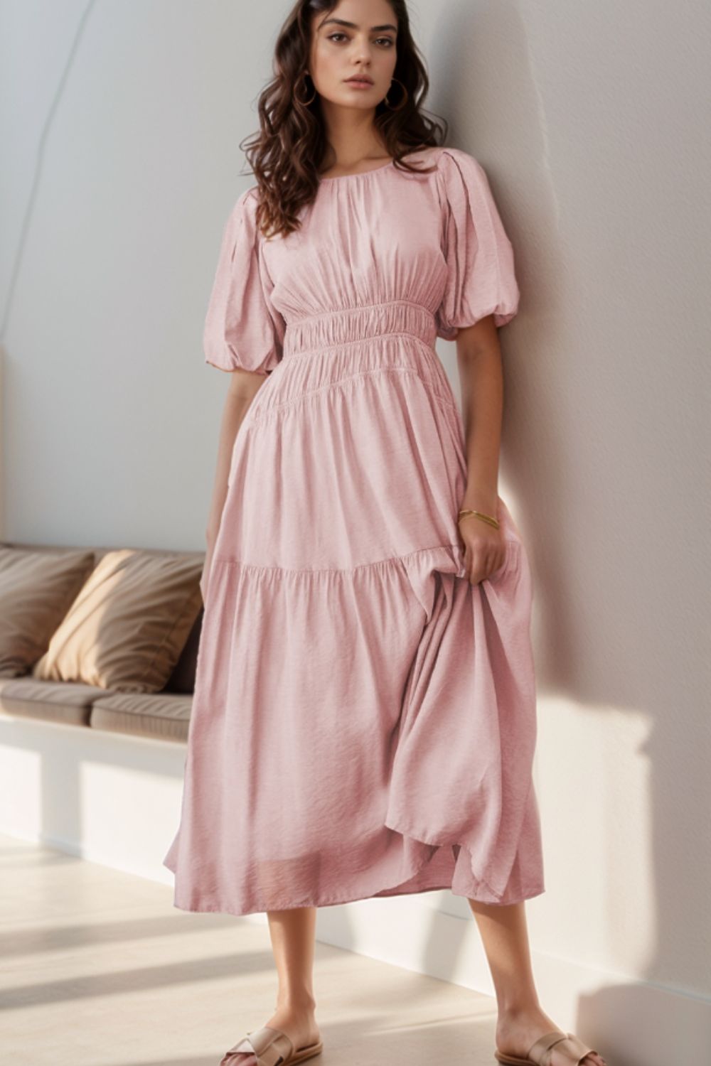Puff Sleeve Pleated High Waist Flowy Midi Dress.