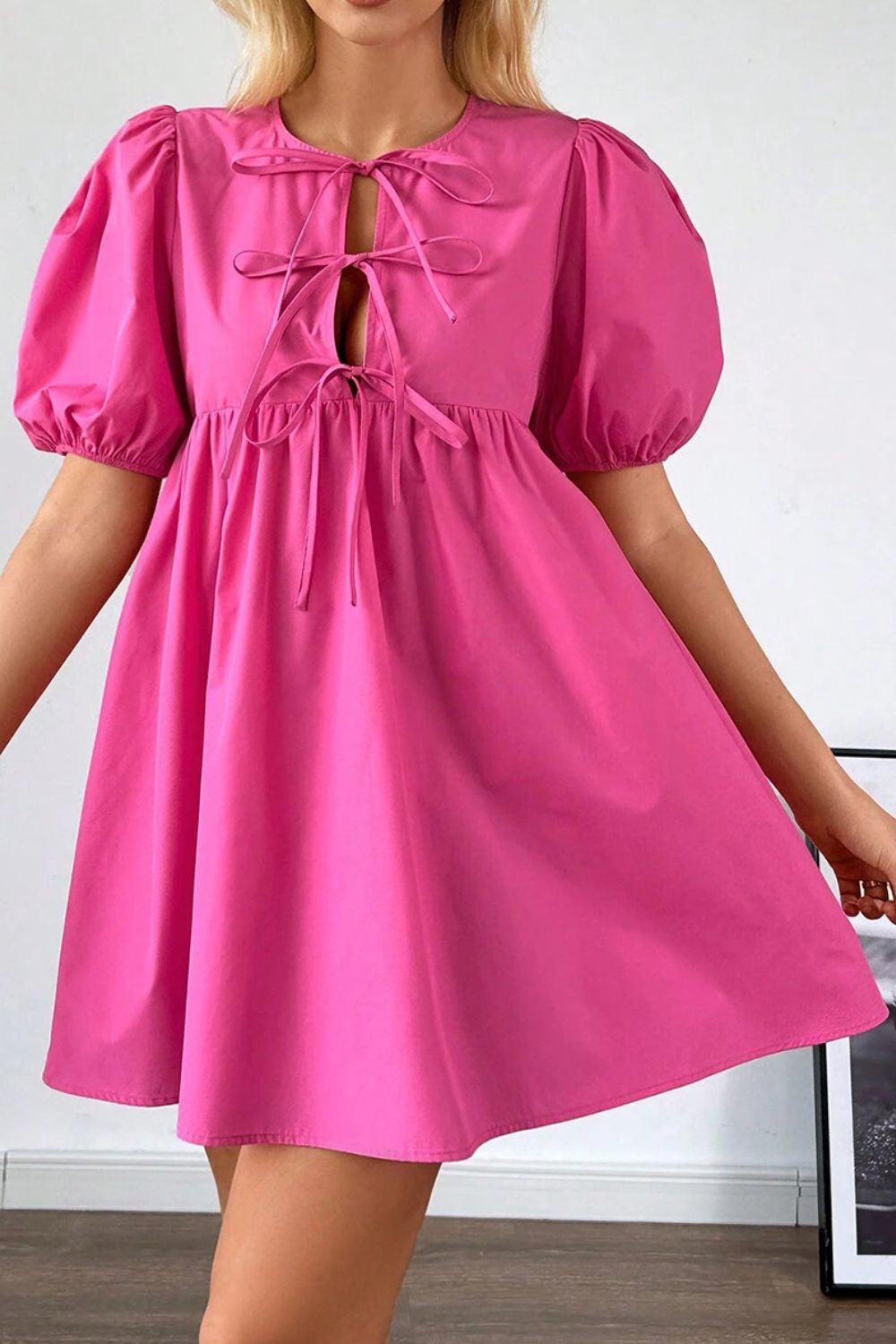 Puff Sleeve Tie Front High Waist Mini Dress.