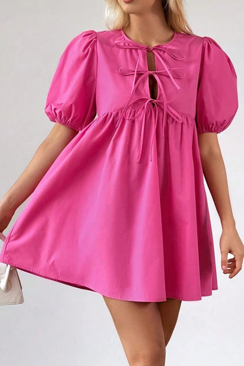 Puff Sleeve Tie Front High Waist Mini Dress.