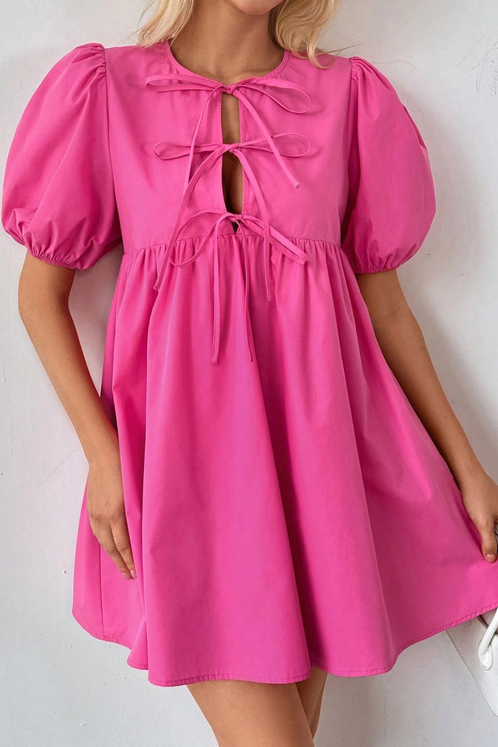 Puff Sleeve Tie Front High Waist Mini Dress.