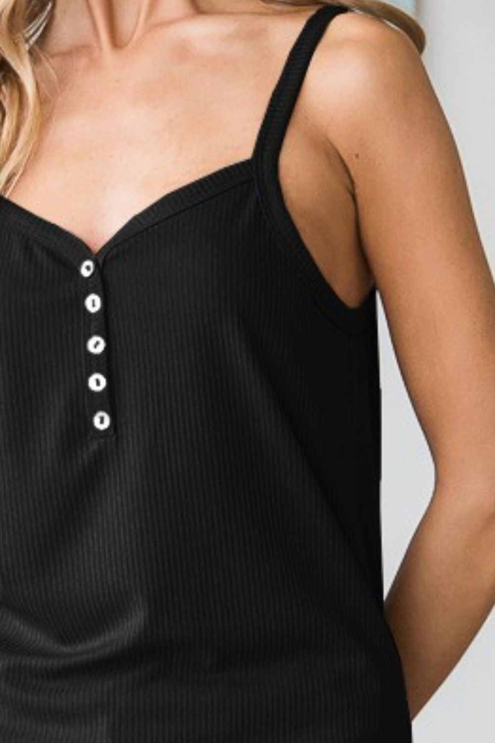 Full size quarter button ribbed cami, opaque and slightly stretchy.