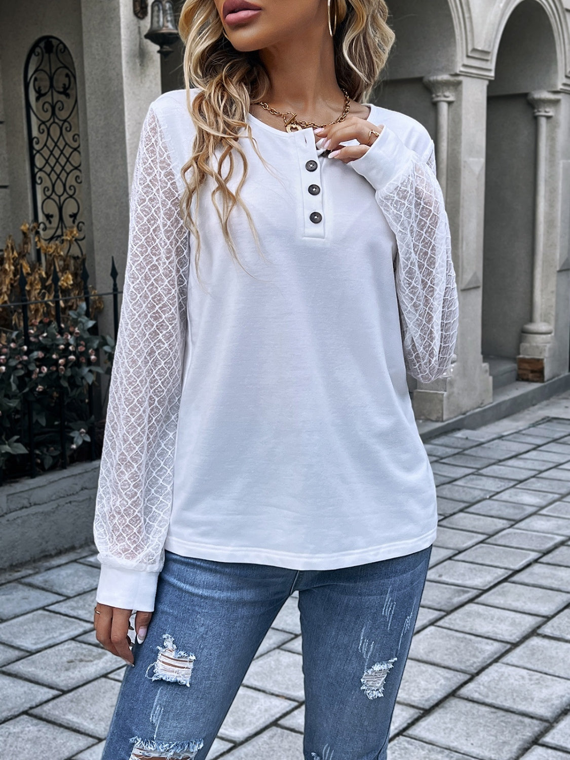 Ivy Lane Quarter Button Round Neck Long Sleeve Blouse.