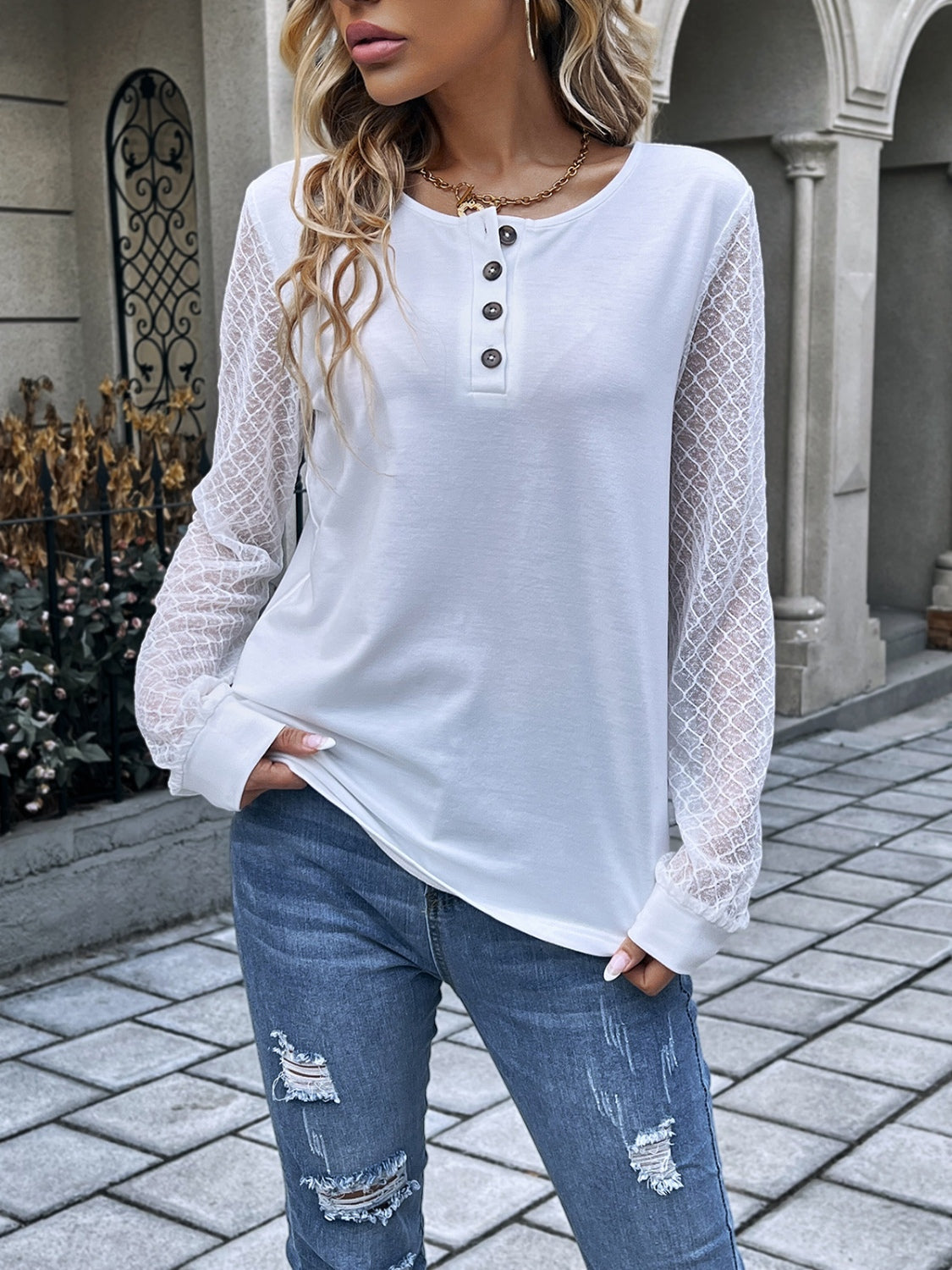 Ivy Lane Quarter Button Round Neck Long Sleeve Blouse.