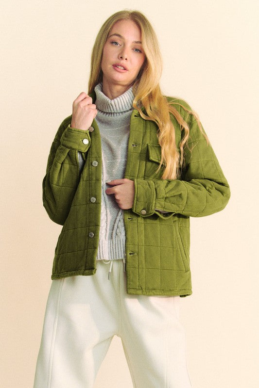 Quilted button down shacket with chest pockets.