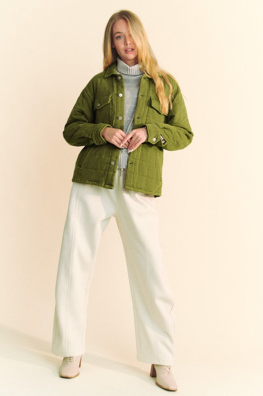 Quilted button down shacket with chest pockets.