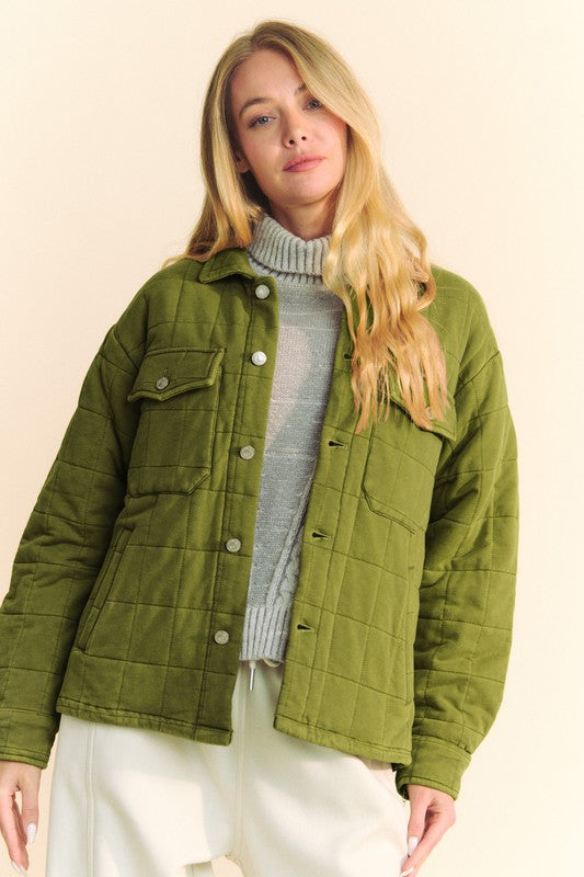 Quilted button down shacket with chest pockets.