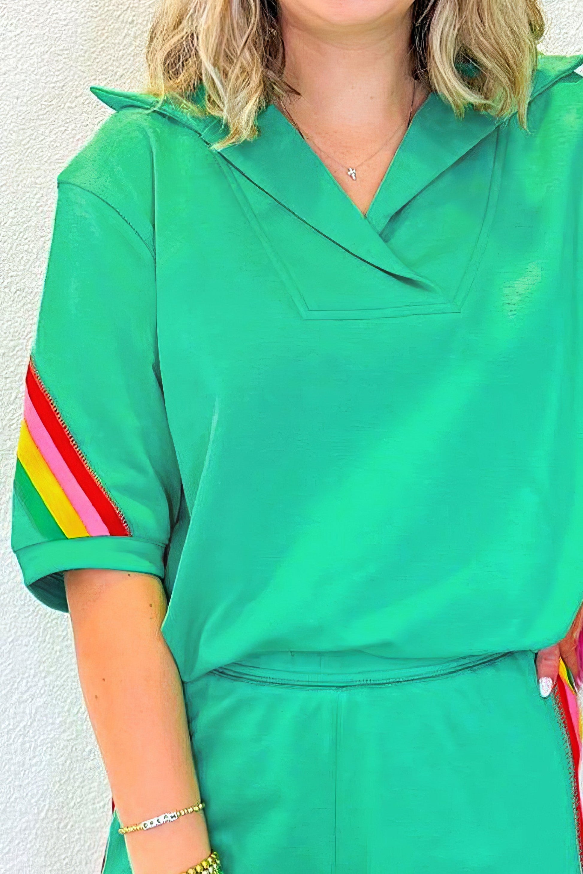 Women's rainbow collared short sleeve top and shorts two-piece set