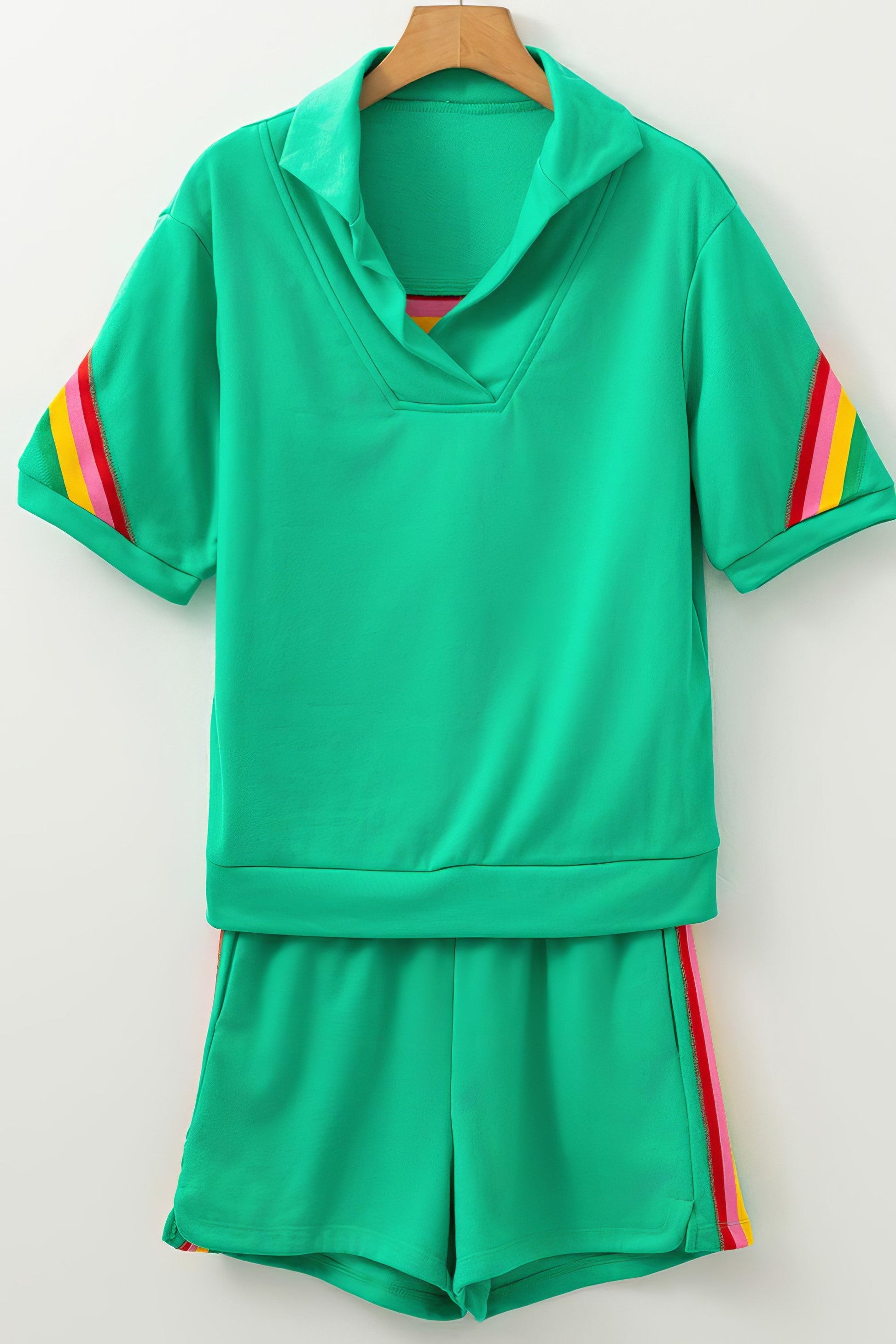 Women's rainbow collared short sleeve top and shorts two-piece set