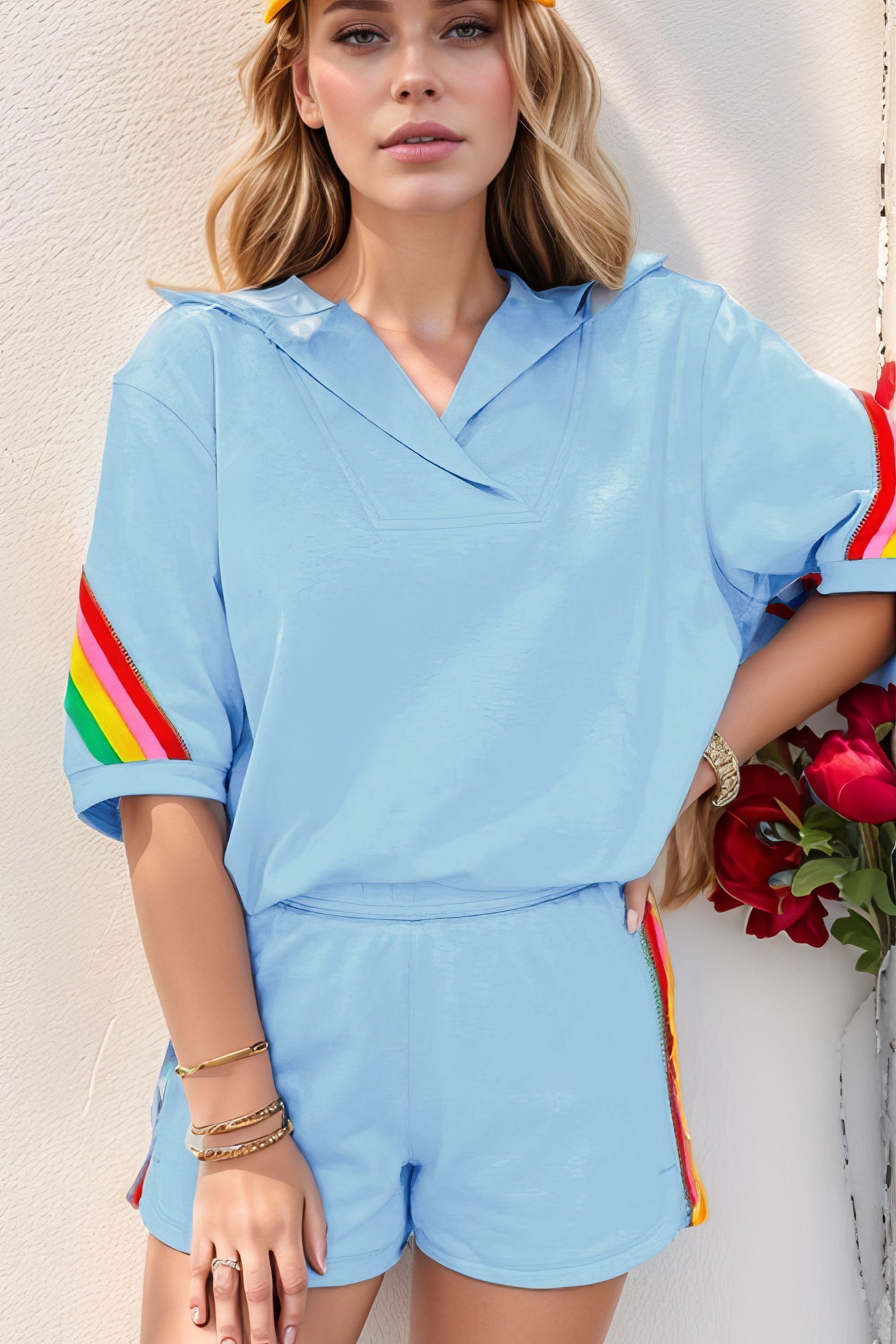 Women's rainbow collared short sleeve top and shorts two-piece set
