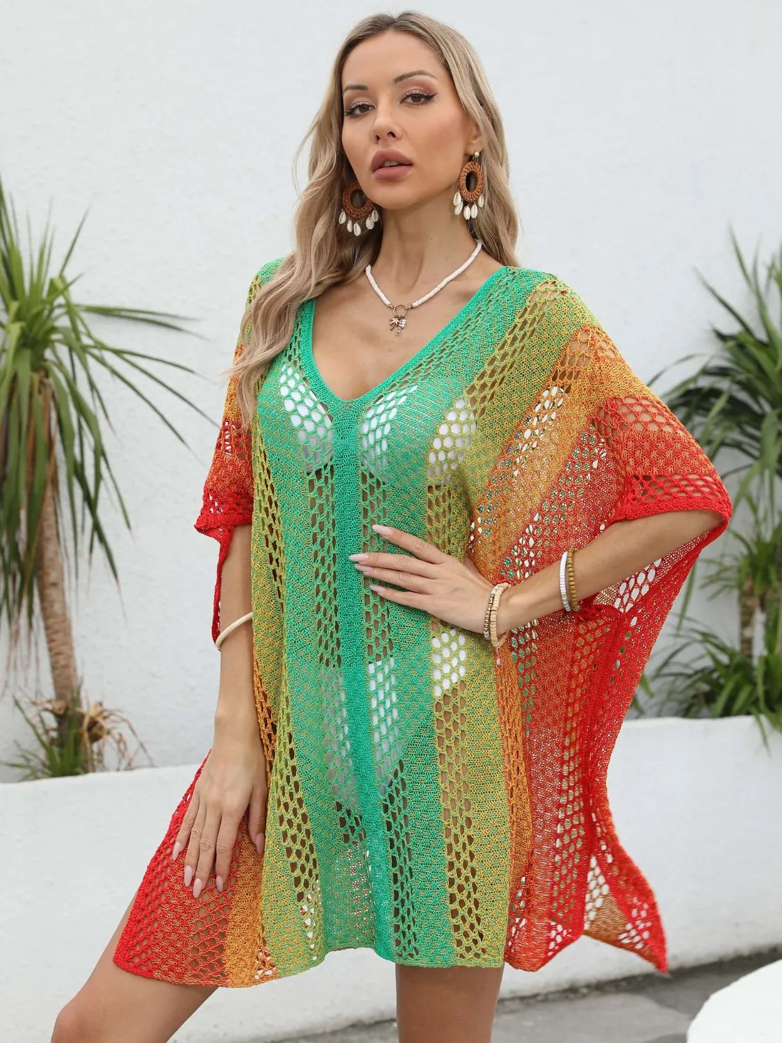 Rainbow Gradient Crochet Beach Cover Up with Cutout.