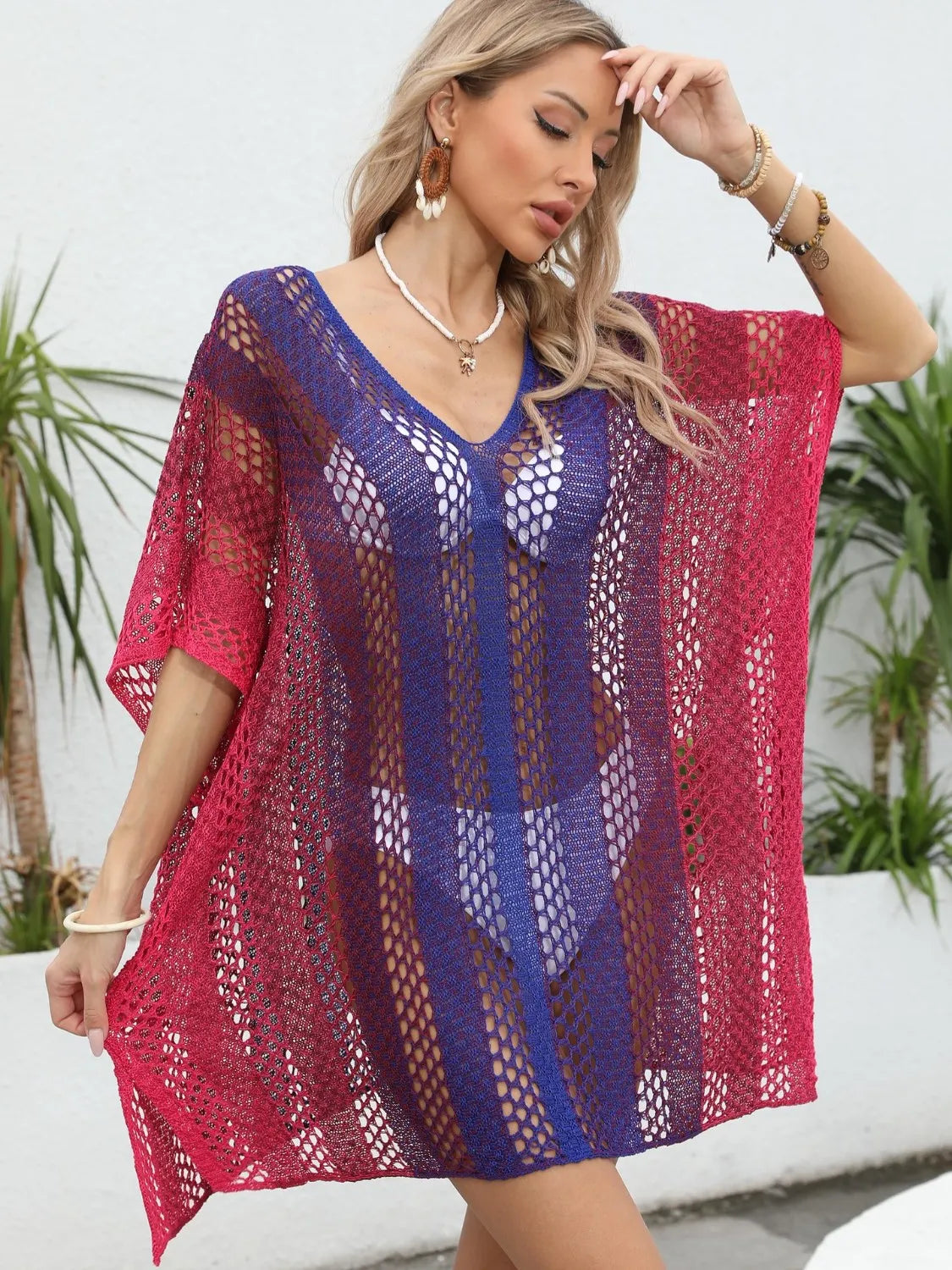 Rainbow Gradient Crochet Beach Cover Up with Cutout.