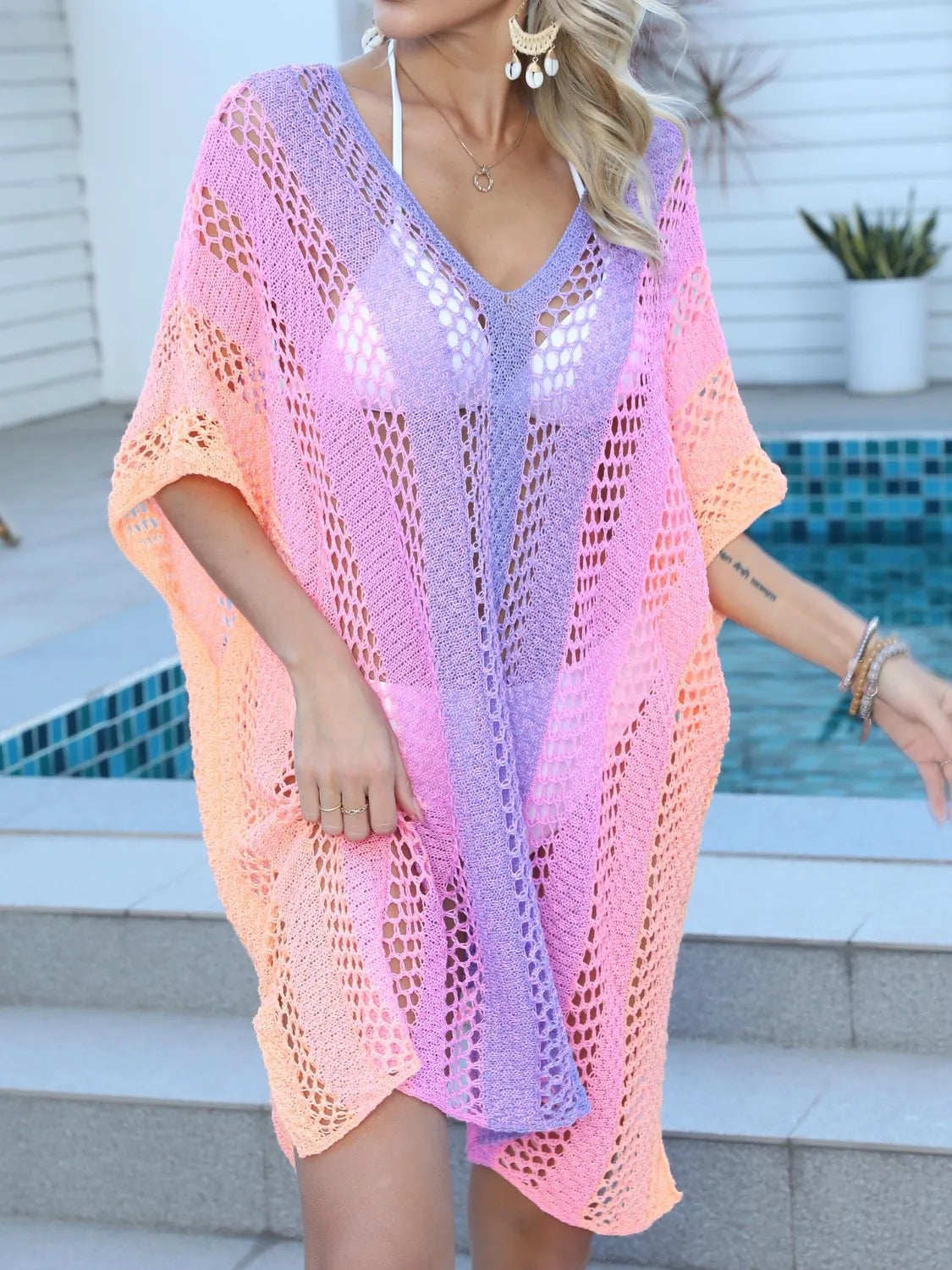 Rainbow Gradient Crochet Beach Cover Up with Cutout.