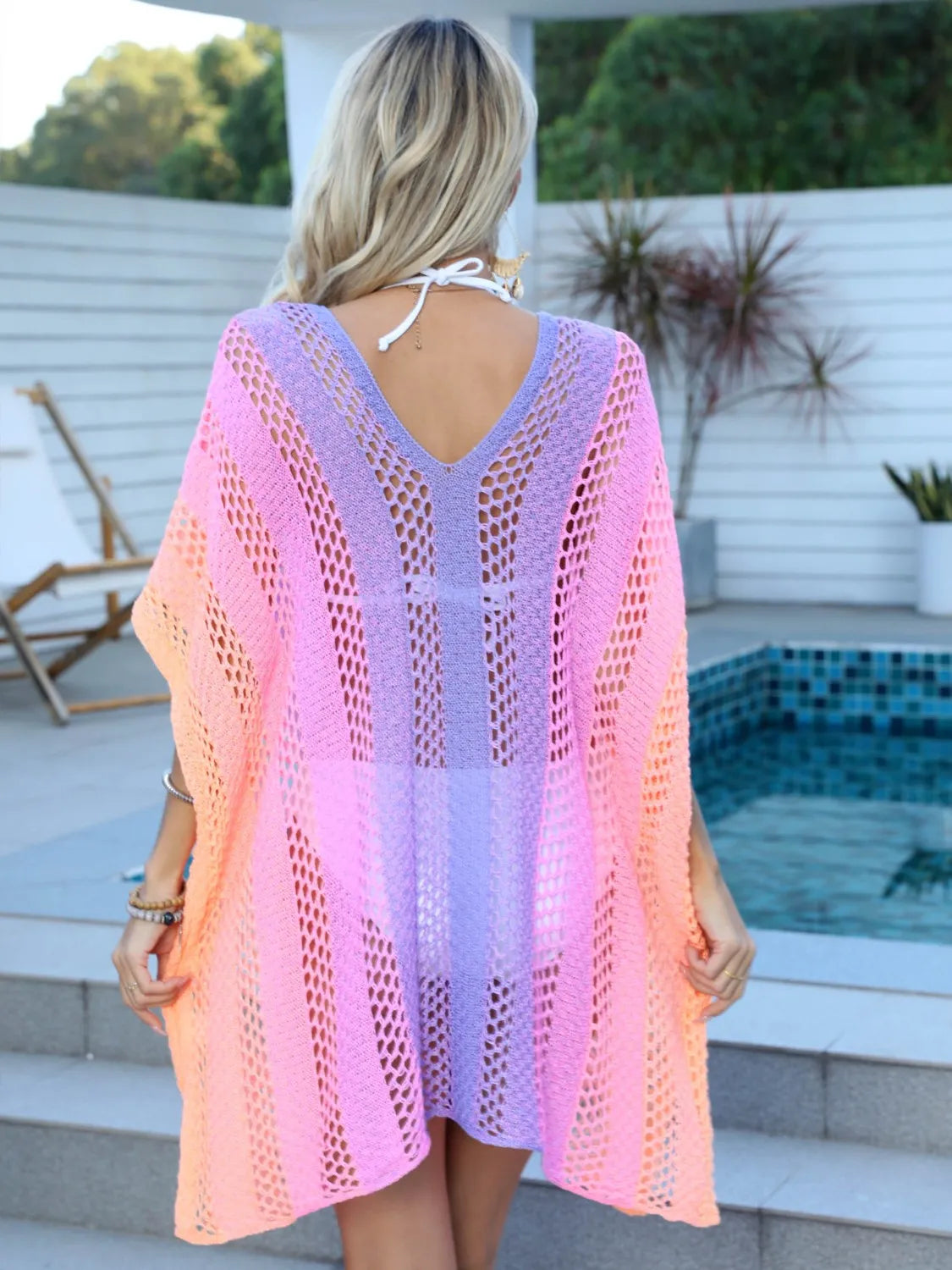 Rainbow Gradient Crochet Beach Cover Up with Cutout.